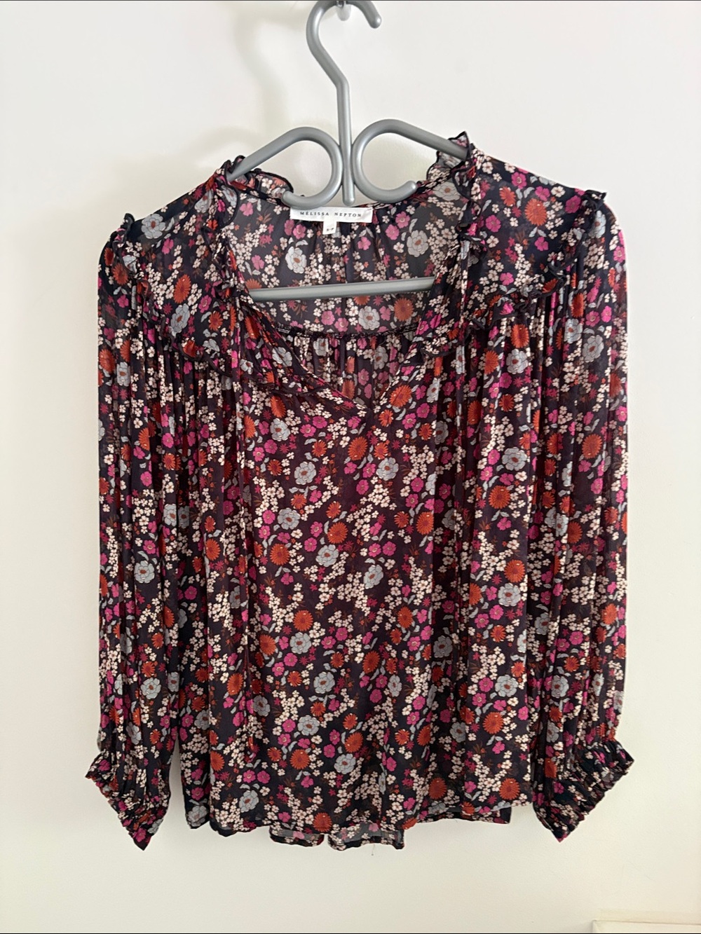Women’s Floral Sheer Ruffle-Neck Blouse in Black